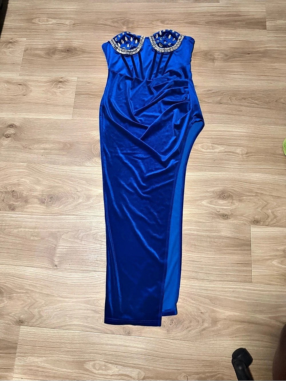 Blue Embellished Neckline Maxi Dress